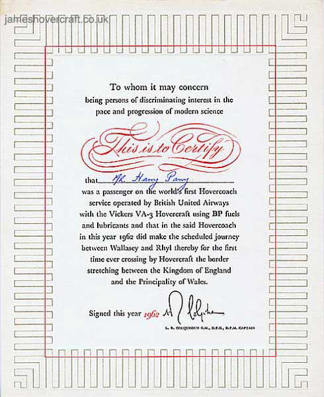First-day certificates and trials of the VA-3 hovercraft - Certificate of travel on the world's first hovercraft passenger service (submitted by Nick Gurney).