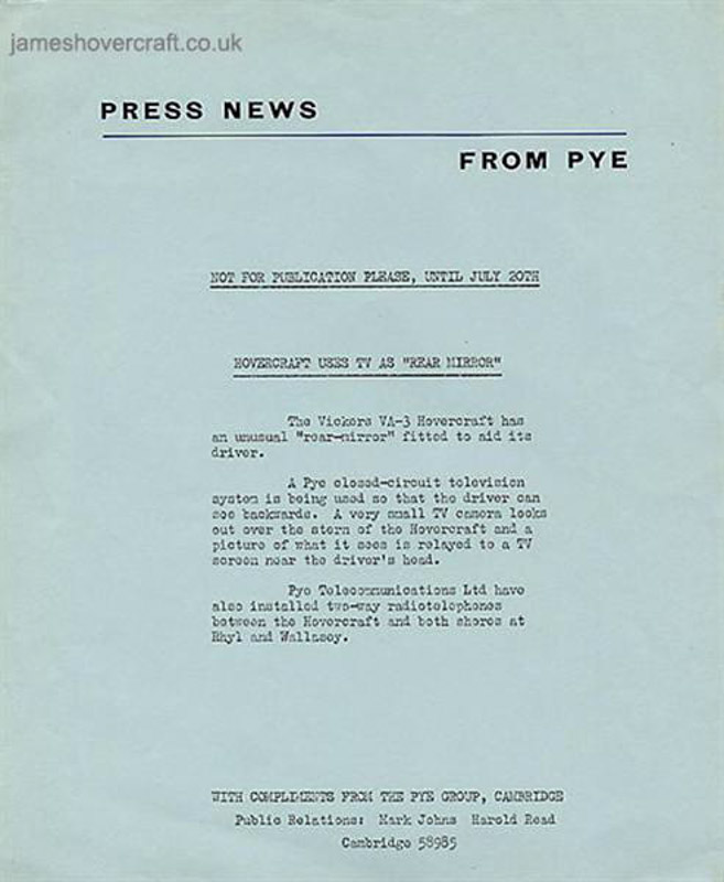 First-day certificates and trials of the VA-3 hovercraft - Stop press! Note about the VA3's closed-circuit television cameras to provide rear-view capability to the pilot (Nick Gurney).