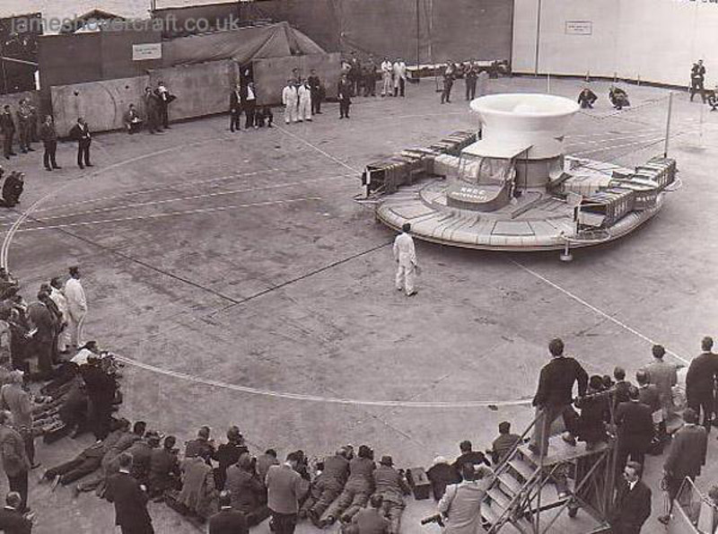 The SRN1 being manufactured - The first flight of the SRN1 on the concrete slipway at East Cowes. The astonished crowd of photographers and journalists would have seen nearly a foot of air beneath the craft during its hover. Note the ground wheels attached to the four corners of the craft (submitted by Peter Insole).