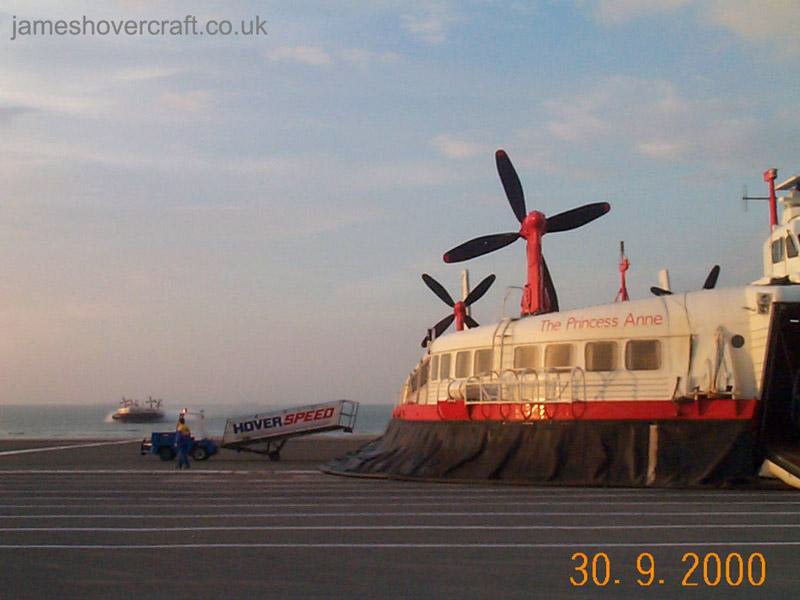 The last days of the SRN4 cross-channel service with Hoverspeed - The Princess Margaret (GH-2007) arriving behind The Princess Anne (GH-2006) at Calais (submitted by James Rowson).