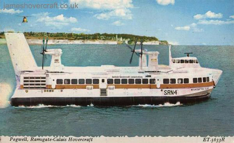 SRN4 Mk II operations from Pegwell Bay hoverport with Hoverlloyd - Before she was named. Mountbatten-class SRN4, with Mark 1 skirt design, emerges from Pegwell Bay (credit: Nigel Thornton).
