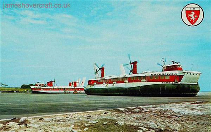 SRN4 Mk II operations from Pegwell Bay hoverport with Hoverlloyd - Swift hovers in front of one of her sisters, at Pegwell Bay hoverport (credit: Nigel Thornton).